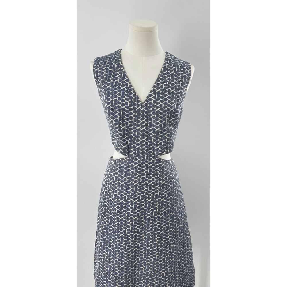 Tory Burch Cut Out Dress Sateen Jacquard Blue White Sleeveless V-Neck 6